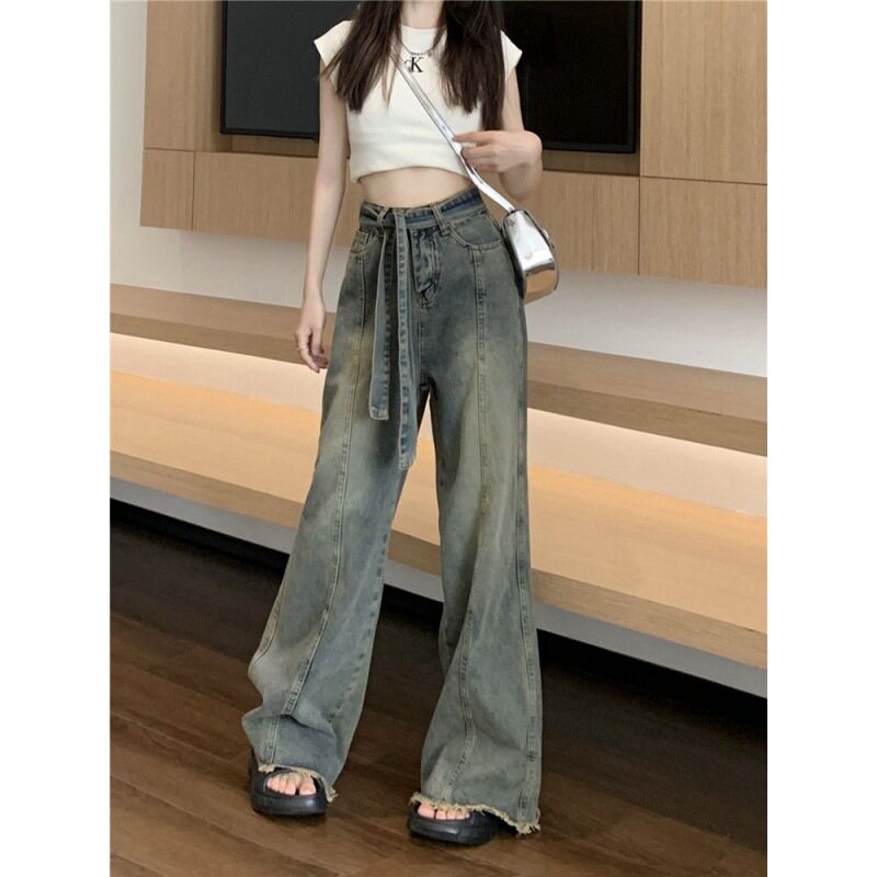 High Waisted Wide Leg Denim Pants for Women Vintage Style Frayed Hem Loose Fit Summer Fashion Wholesale Available
