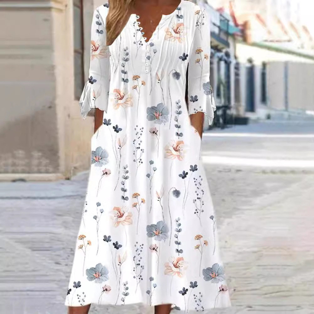 Floral Print V Neck Dress Adjustable Strap Elegant Style Suitable for Spring and Summer Wholesale Available