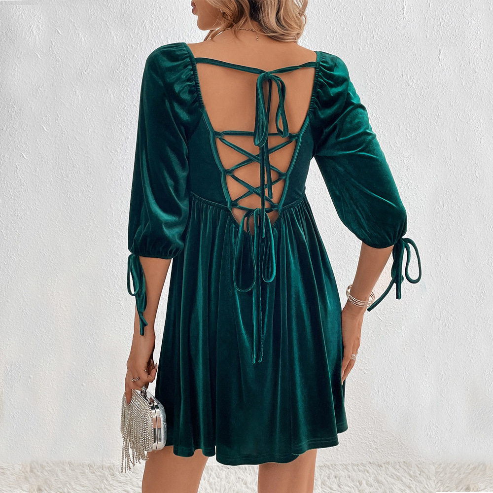 Velvet A Line Mini Dress Elegant Back Tie High Waist Square Neck Perfect for Parties and Events Wholesale Available