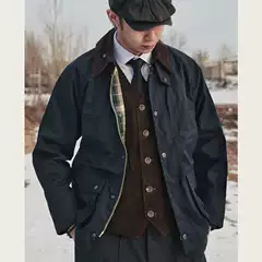 GDDQSDC British Vintage Hunting Wax-Free Jacket Men's Spring and Autumn Waterproof Windbreaker Work Coat Carved BBRA