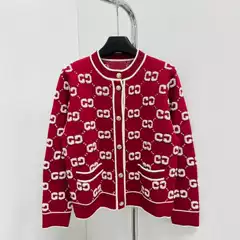 Round-Neck Vintage Letter Print Flocked Knit Cardigan with Single-Row Double g Metal Buttons, Women's Chanel-Style Jacket