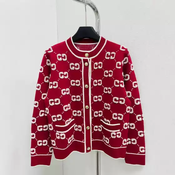 Round-Neck Vintage Letter Print Flocked Knit Cardigan with Single-Row Double g Metal Buttons, Women's Chanel-Style Jacket