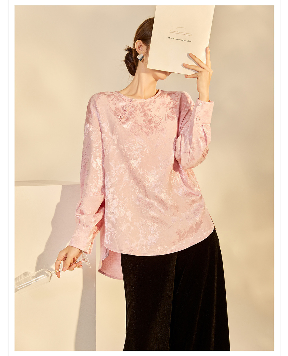 Áo sơ mi nữ dài tay dáng rộng họa tiết hoa dệt jacquard — Hồng đào (giao hàng 7 ngày), Trắng Nguyệt Hoa (giao hàng 7 ngày), Trắng Nguyệt Hoa (Giao hàng trong ngày)