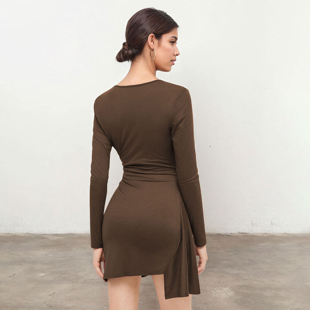 Slim Fit Ruched Dress Deep Brown V Neck Long Sleeve Bodycon Side Slit Spring Summer Fashion Wholesale Available