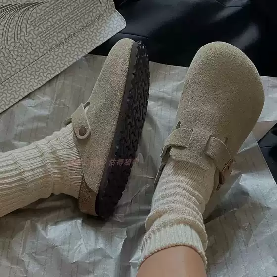 Correct Letter √ Birkenneth Shoes Retro Cowhide Half-Drag Cork One-Step Slip-on Birkenth Baotou Slippers Full-Bag Lovers Shoes