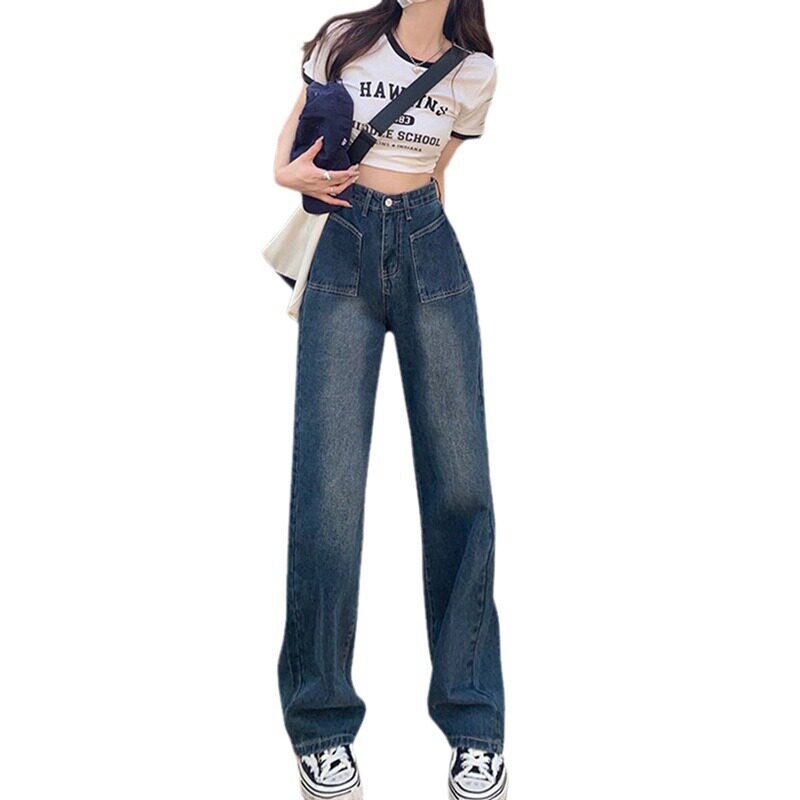 High Waisted Wide Leg Jeans for Women Blue Grey Loose Fit Large Pockets Casual Style Perfect for Pear Shaped
