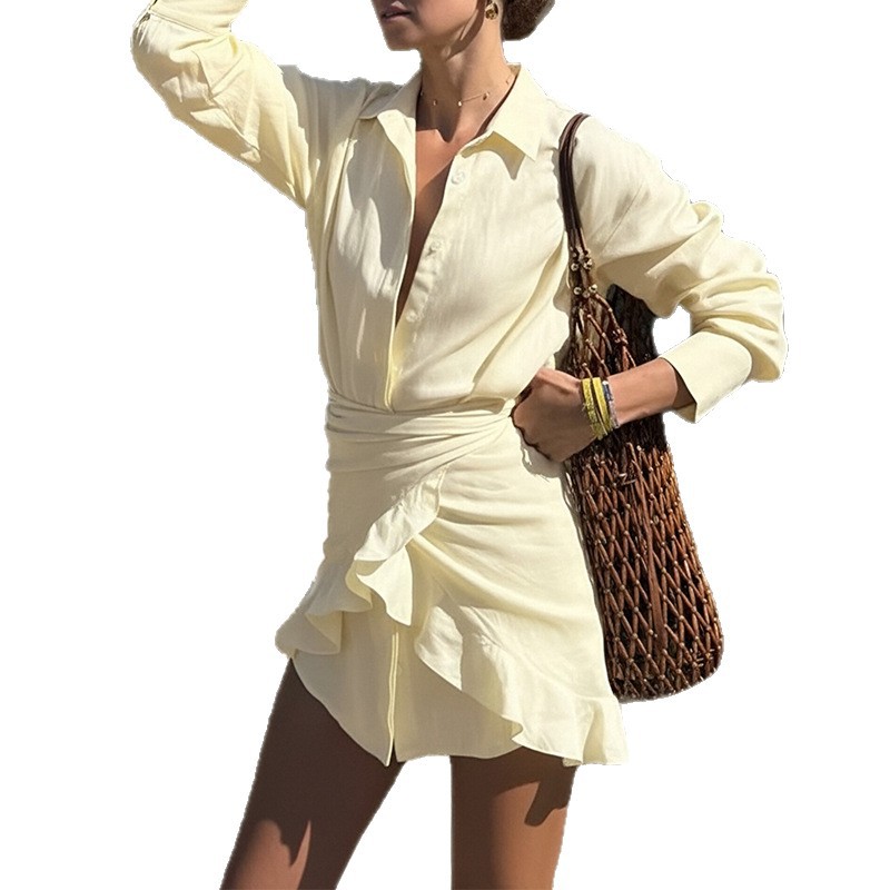 Womens Spring Casual Set Elegant Solid Color Lapel Design Tie Waist Perfect for Everyday Wear Wholesale Available