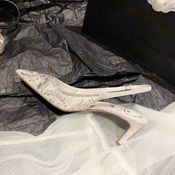 2022 New Spring and Summer Outfit Fashionable Shallow Mesh Pointed Gauze Rhinestone Pearl Rear Empty Heel High Heel Sandals Women's Shoes