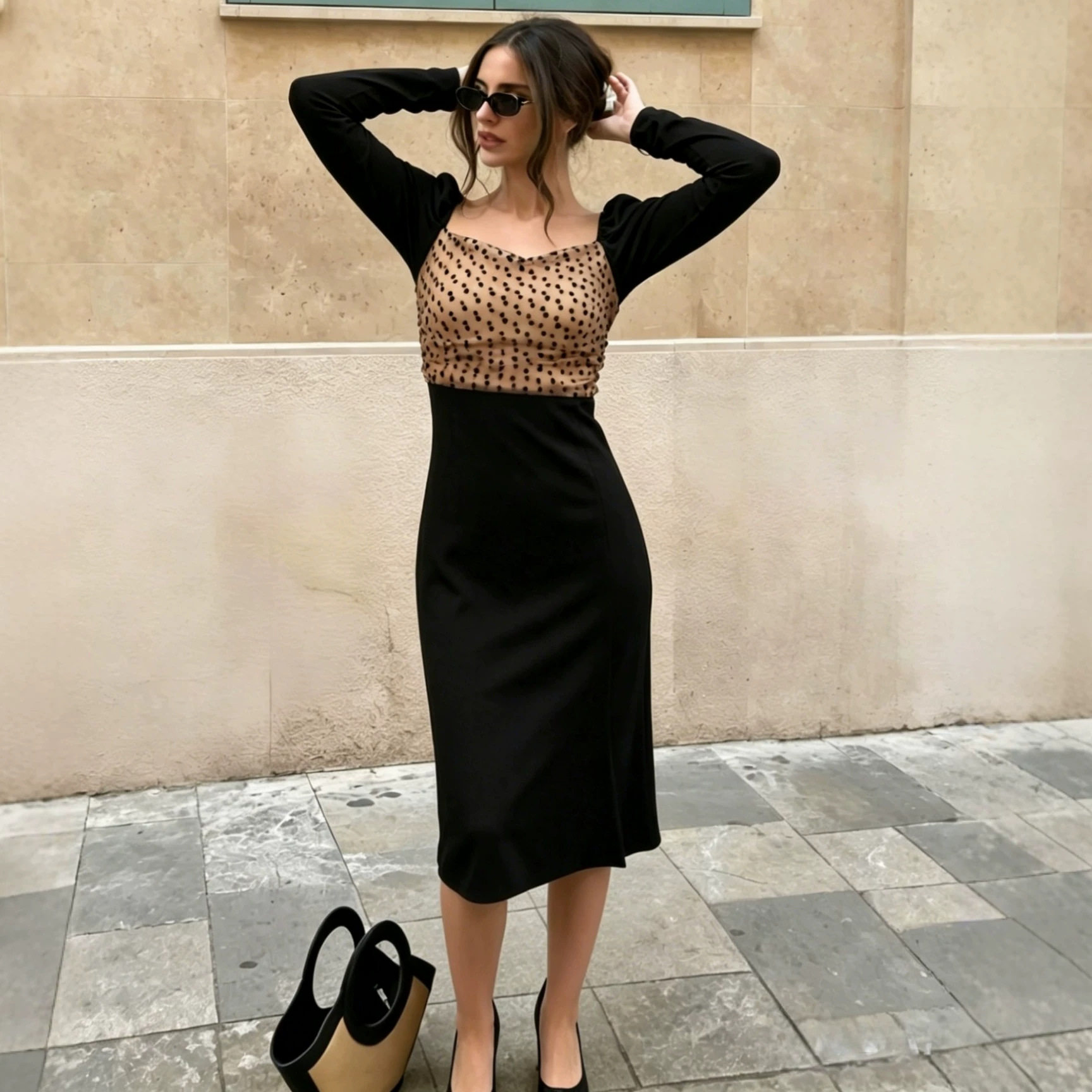 French Style Polka Dot Long Sleeve Bodycon Dress Square Neck Bow Tie Side Slit Mid Length Perfect for Parties and