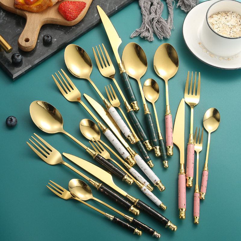 Cross-border Entry Luxury Style Ceramic Handle Stainless Steel Knife and Fork Spoon Western Tableware Set Dessert Spoon Fruit Fork Palace Gift Box
