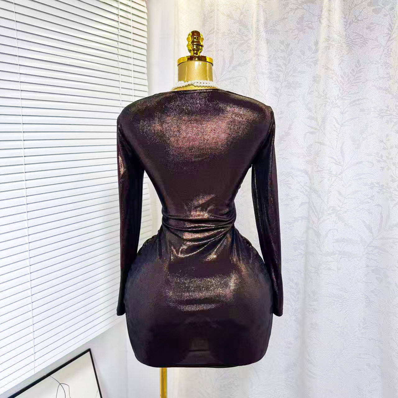 Long Sleeve Bodycon Mini Dress Stretchy Shiny Fabric Slim Fit Autumn Party Wear Wholesale Available