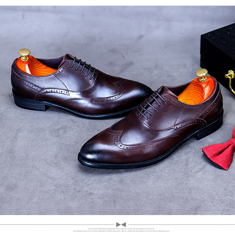 Giày da nam derby mũi tròn chạm khắc brogue cổ thấp buộc dây — Màu nâu, Màu đen, Màu đỏ rượu, Màu cà phê