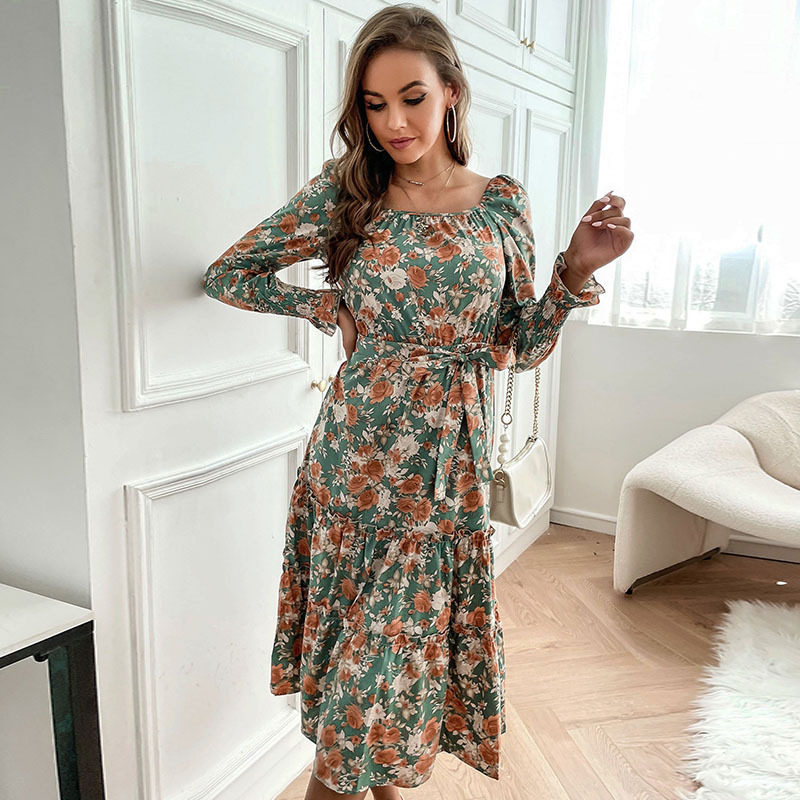 Vintage Floral Print Long Sleeve Dress Slim Fit Ruffled Design Square Neckline Perfect for Spring and Summer Events
