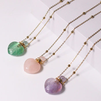 Hongfengtang Natural Pink Quartz Amethyst Crystal Green Fluorite Essential Oil Heart-Shaped Pendant Empty Bottle Heart Sweater Chain Necklace for Attracting Wealth