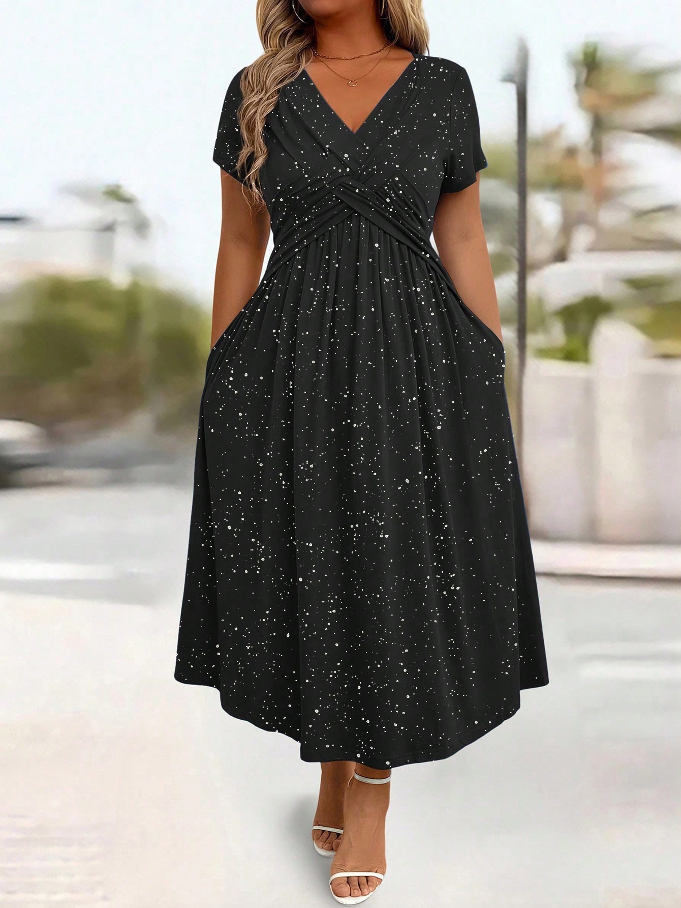 V Neck Short Sleeve Bodycon Dress Shimmering Fabric Waist Defining Fit Summer Style Wholesale Available