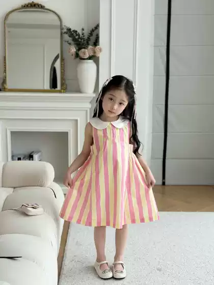 Gaoding Children's Wear Girls' dress 2025 Summer New Style Western Style Sweet Girl Doll Collar Striped Princess Dress