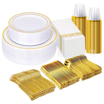 350 Sets of Export Tableware Disposable Gold-Rimmed Plates Wine Glasses Cutlery Spoons Ps Hard Plastic Fruit Cut Out Plates