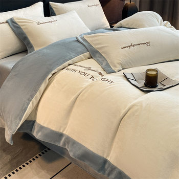 Double-Sided Milk Velvet Four-Piece Set, Thickeneded Winter Coral Velvet Bedding, Warm Flannel Fleece-Lined Quilt Cover, Three-Piece Bed Bed Sheets Set