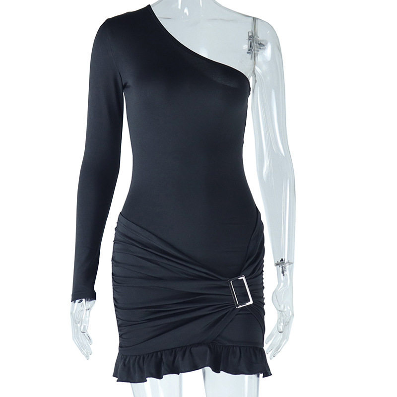 Asymmetrical One Shoulder Dress Solid Color Ruffle Hem Metallic Accents Elegant Evening Wear Wholesale Available
