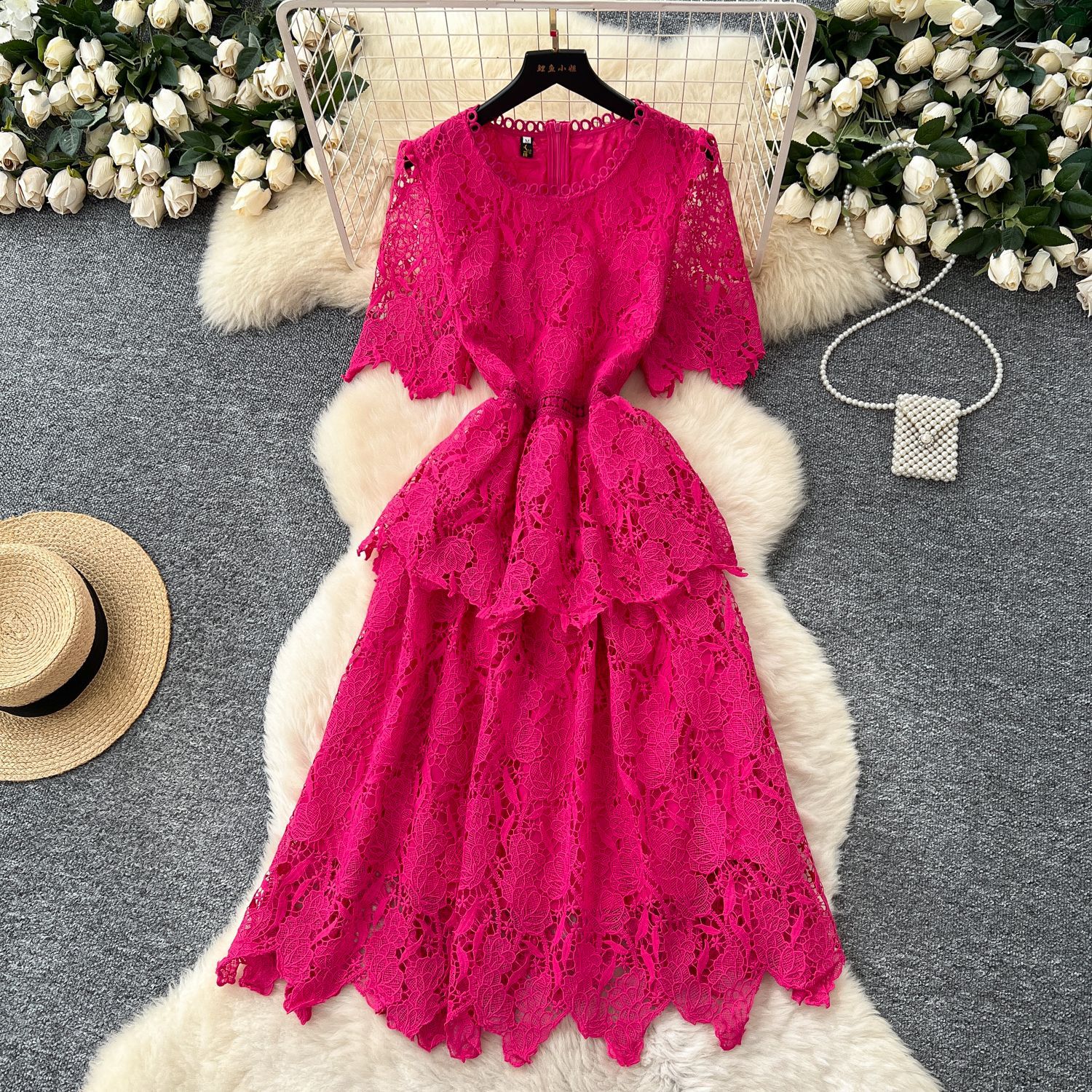 Vintage Short Sleeve Dress for Women Hollow Out Lace Design Waist Defined Elegant Style Perfect for Summer Events