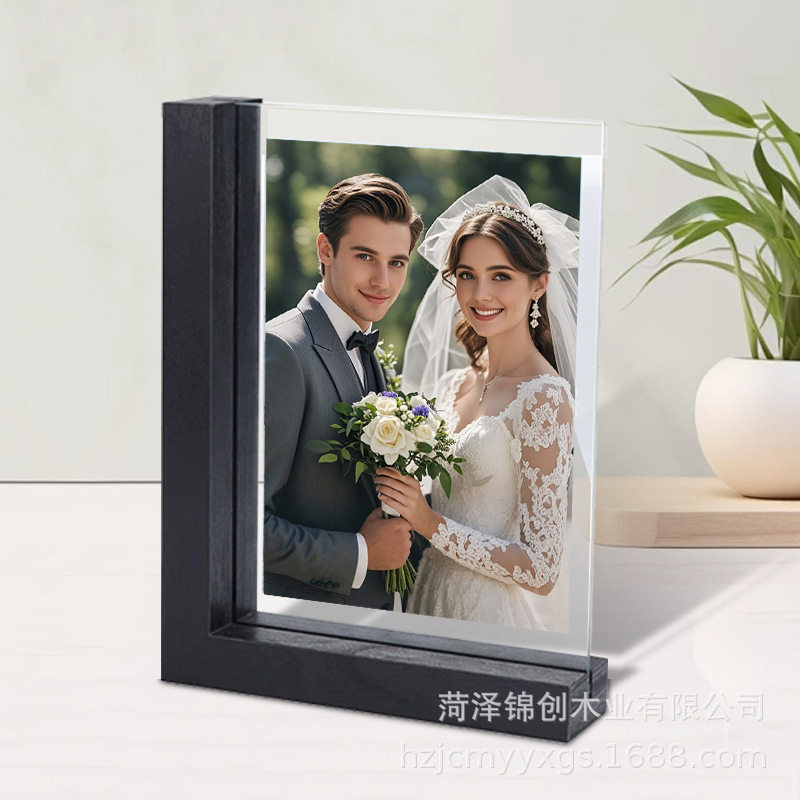 Cross-border wooden photo frame black wooden L-shaped base creative with glass double-sided display photo picture decoration