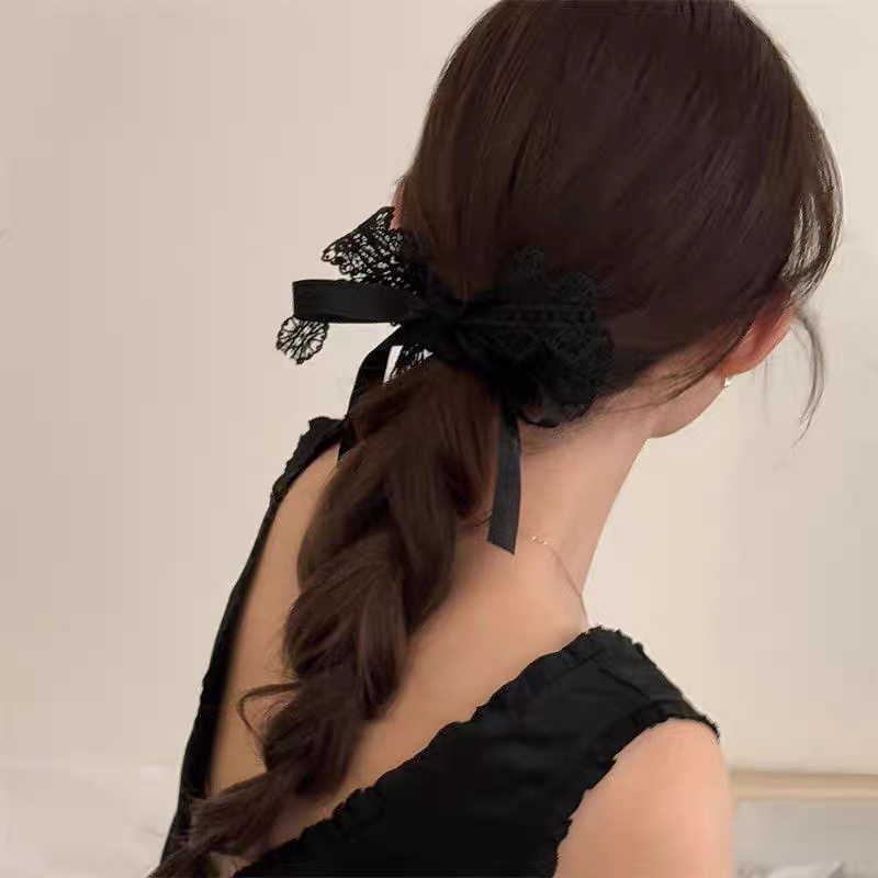 High-End Black Lace Ribbon Bow Hair Rope Women's New Hair Tie French Accessible Luxury Niche Ball Hair Accessories