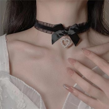 Cross-Border Tiktok Trending Product Lace Heart Bow Choker Collarbone Necklace Eco-Friendly Korean Style