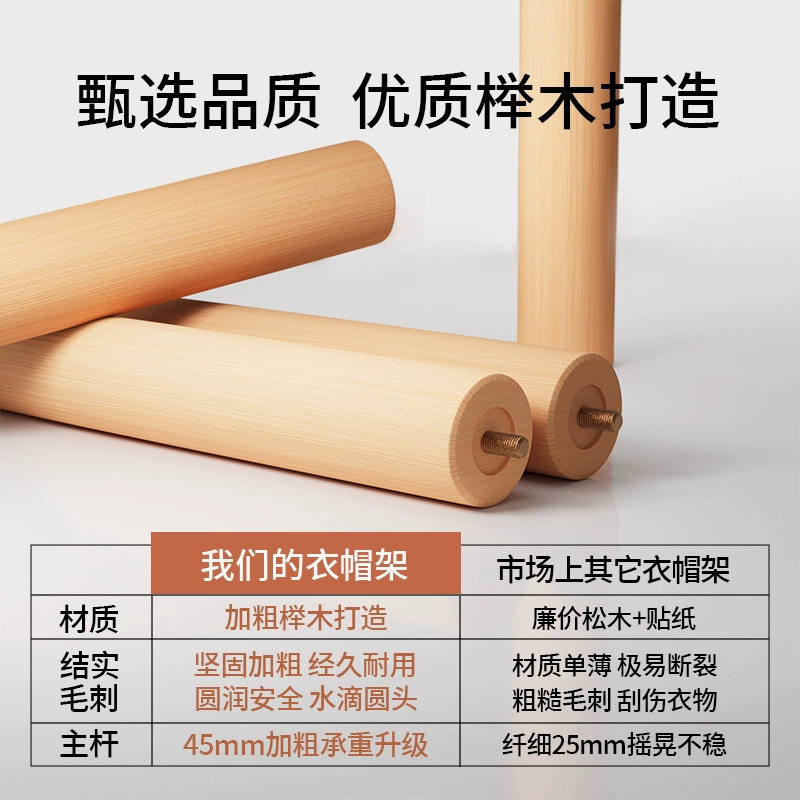 Solid Wood Clothes Rack, Floor-Standing Coat Rack, Bedroom Household Clothes Hanger, Simple Vertical Beech Wood Clothes Rod, Indoor Bag Rack