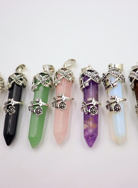 天然石头子弹头水晶尖六角柱吊坠玫瑰花梅花项链