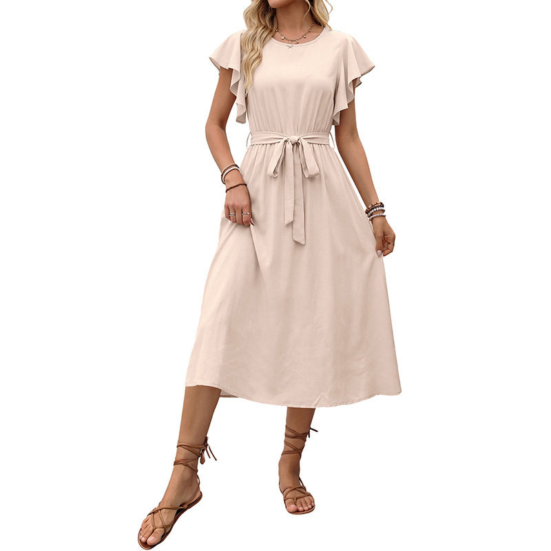 Casual Solid Color A Line Dress Flutter Sleeves Round Neck Tie Waist Perfect for Vacation or Summer Events OEM