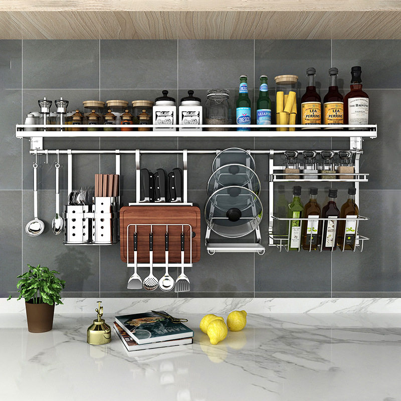 304 stainless steel kitchen rack Wall seasoning dish rack wall-mounted chopsticks pot lid seasoning rack hanging rod