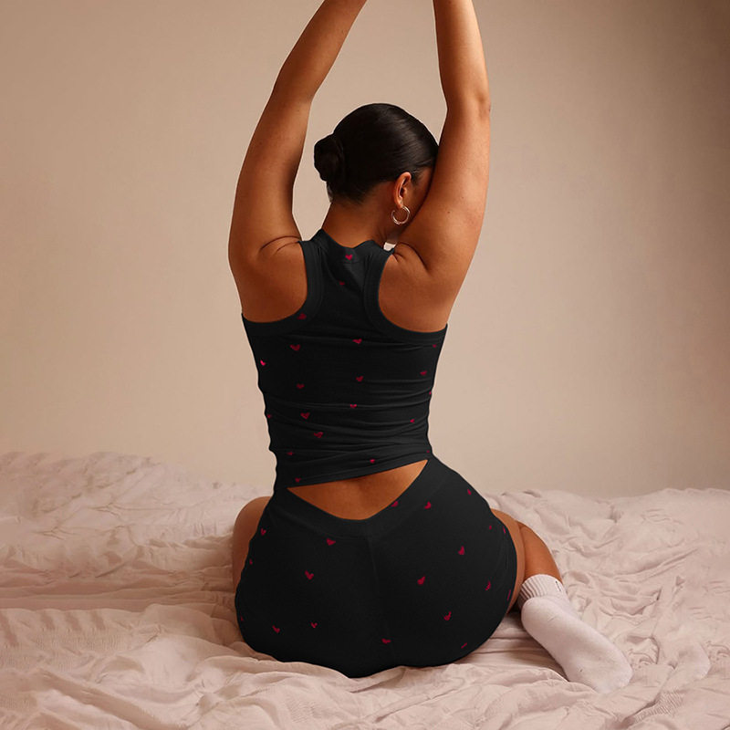 2025 Sweet Sleeveless Vest Summer New Round Neck Heart Women's Korean Style Slimming Home Pajamas Shorts Two-Piece Set