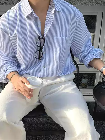 American Vintage Striped Shirt for Men, Old Money Style, Loose Long-Sleeve Single Pocket Cardigan Suit Base Shirt Trendy
