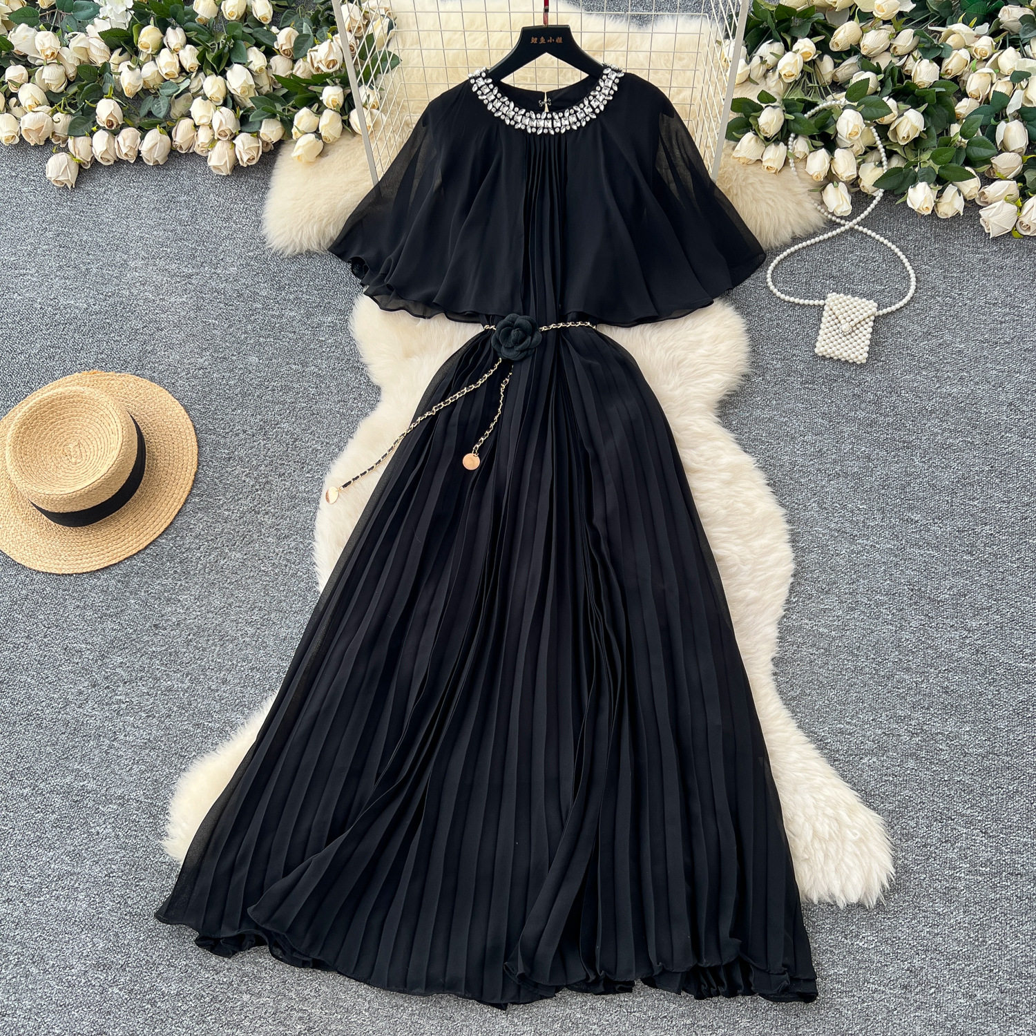 French Style Elegant Chiffon Dress Embellished Round Neck Waist Tie Pleated Design Perfect for Parties and Special
