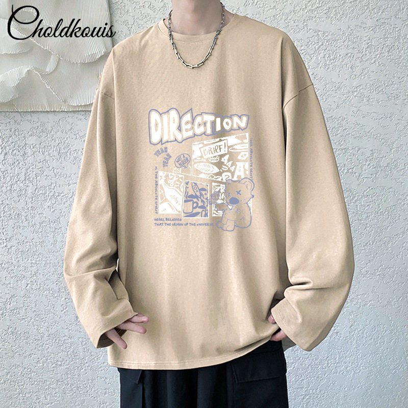 เสื้อยืดผ้าฝ้ายแท้หนา 200 กรัมสำหรับผู้ชาย ฤดูใบไม้ผลิเสื้อเชิ้ตแขนยาวย้อนยุคอินเทรนด์ เสื้อยืดหลวมและอเนกประสงค์ของอเมริกา