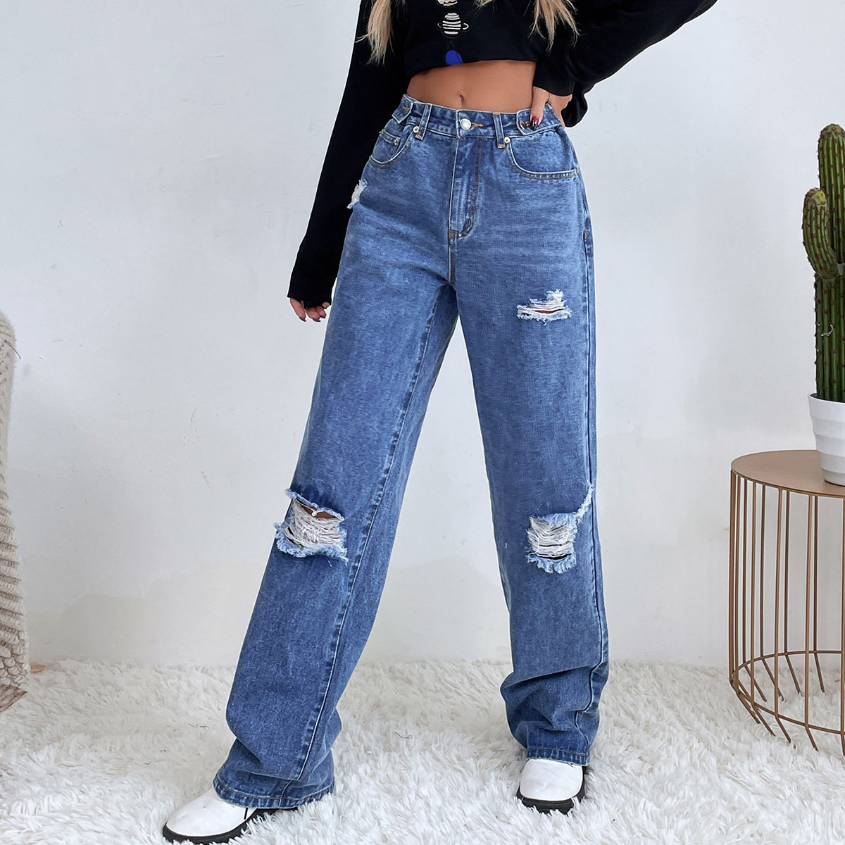 High Waisted Wide Leg Distressed Denim Jeans Trendy Loose Fit Casual Style Perfect for Everyday Wear Wholesale
