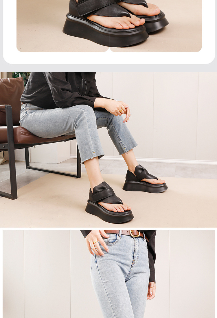 Sandal nữ quai ngang kẹp ngón da bò thật đế dày nhẹ — Màu đen