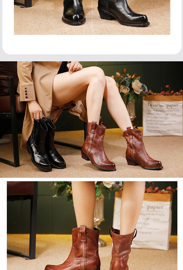 Boot Chelsea nữ da bò thật gót vuông mũi nhọn cổ thấp — màu đen, Màu nâu