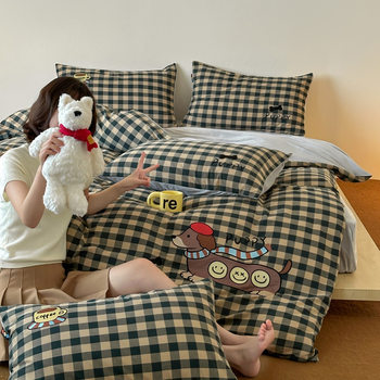 Ins Autumn and Winter Skin-Friendly Warm Cotton + Velvet Four-Piece Set, One Side Is Pure Cotton Washed Cotton, the Other Side Is Baby Velvet Milk Velvet Quilt Cover