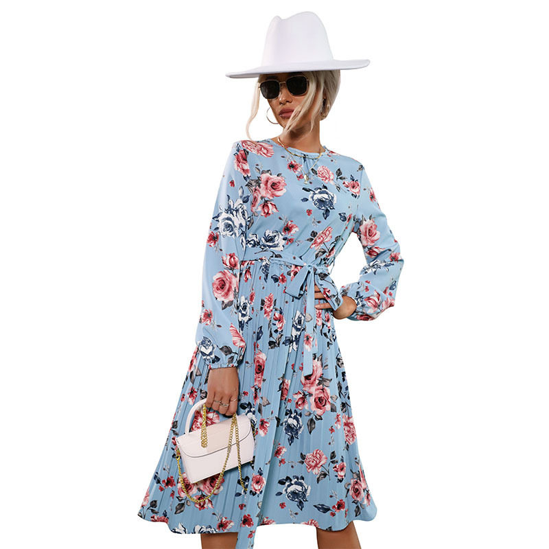 Floral Print Long Sleeve Dress Blue Pleated Round Neck Autumn Winter Fashion Wholesale Available