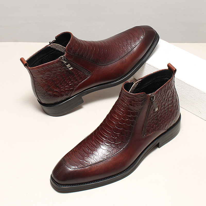 Boot cổ trung da bò dập vân cá sấu khóa kéo đôi phong cách cổ điển — Lớp lót nhung đen, Màu đen lót da, Đỏ rượu bên trong da