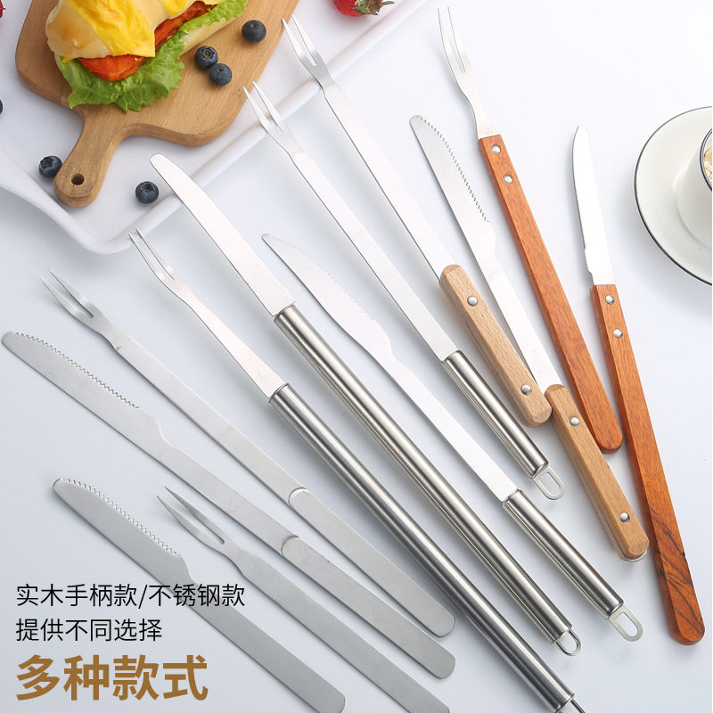Stainless steel knife and fork outdoor barbecue knife and fork suit wooden handle meat knife lamb leg knife and fork barbecue fork steak knife barbecue fork