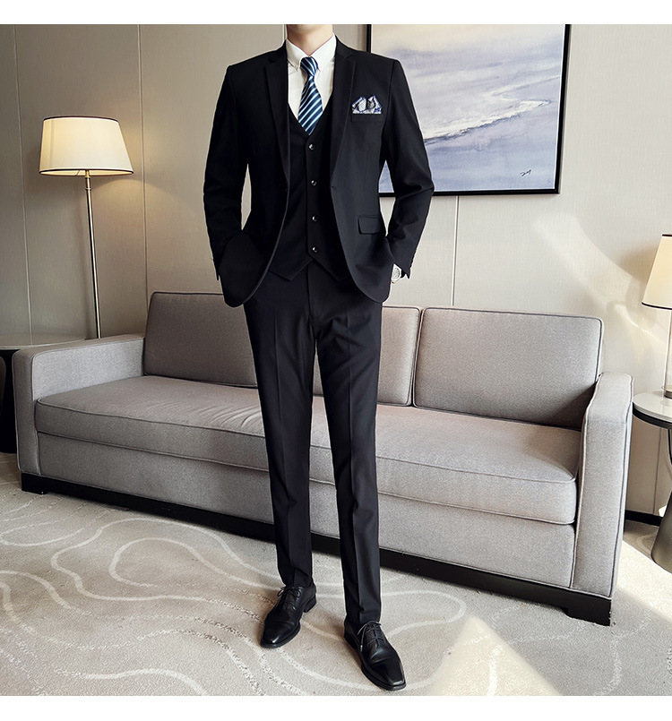 Bộ com-lê nam ba mảnh dáng ôm, áo vest một hàng khuy phong cách công sở — Màu xám (áo một nút + áo vest + quần), Màu xanh (áo một nút + áo vest + quần), Màu đen (áo một nút + áo vest + quần), Màu xanh navy (áo một nút + vest + quần)