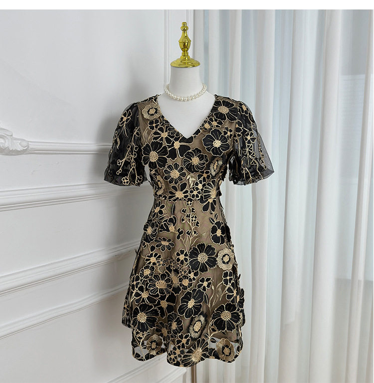 Summer V Neck Puff Sleeve Dress Handcrafted 3D Embroidery Solid Color Elegant A Line Silhouette Perfect for Parties