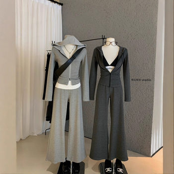 Wgwe Autumn and Winter Korean Style Lazy Style Stripesd Hooded Sweatshirt + Slim Slim Casual Pants Two-Piece Suit for Women W8019