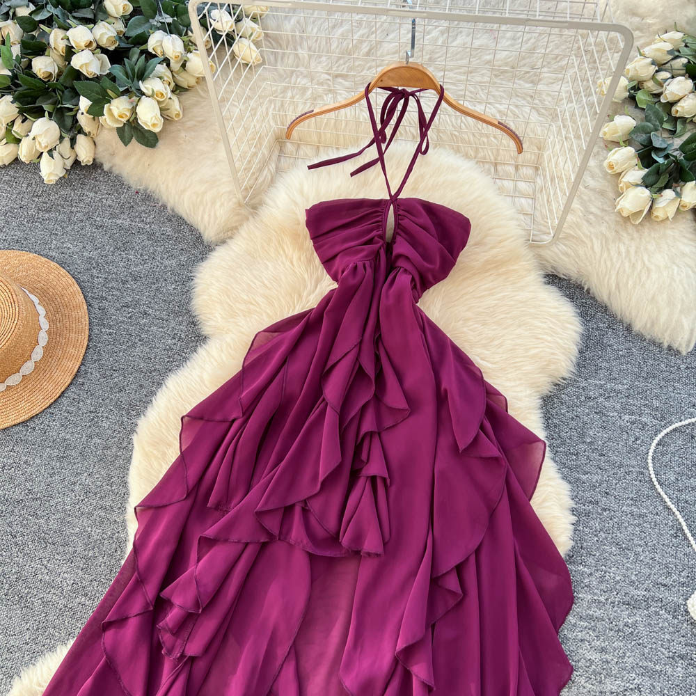Summer Vacation Halter Ruffle Dress for Women High Waist A Line Irregular Hem Casual Office Wear Wholesale Available