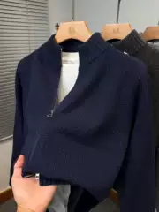 2025 Spring and Autum Double Zipper Half Turtleneck Cardigan Men's Knitwear Middle-Aged Sweater Jacket Stand Collar Outer Pure Color