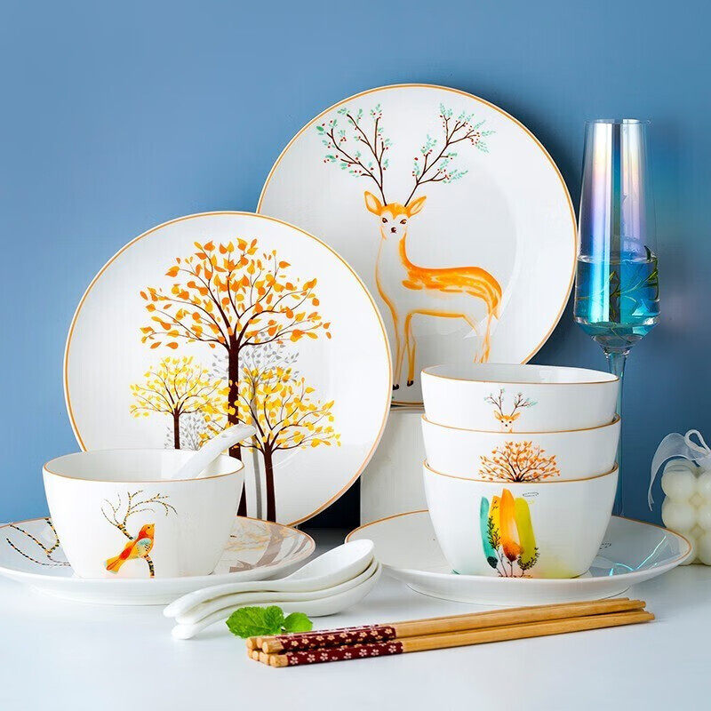Dish Set for Home Use for Four People, Ceramic Tableware, Bowls and Chopsticks Set, Suitable for Microwave Oven