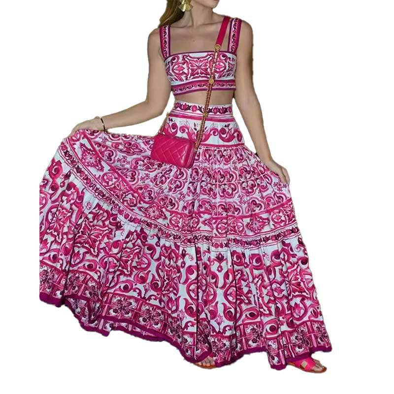 Spring Womens Fashion Set Square Neck Floral Print A Line Skirt Sleeveless Perfect for Casual Outings Wholesale
