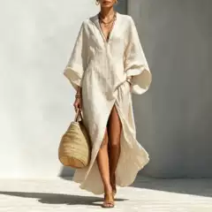 2026 Cross-Border European and American Spring and Summer New Fashion V-Neck Lazy Style Batwing Sleeve Loose Long Vacation Dress